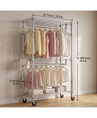 Streamdale Furniture Heavy Duty 3-Tier Rolling Garment Rack with Adjustable Shelves and Hooks