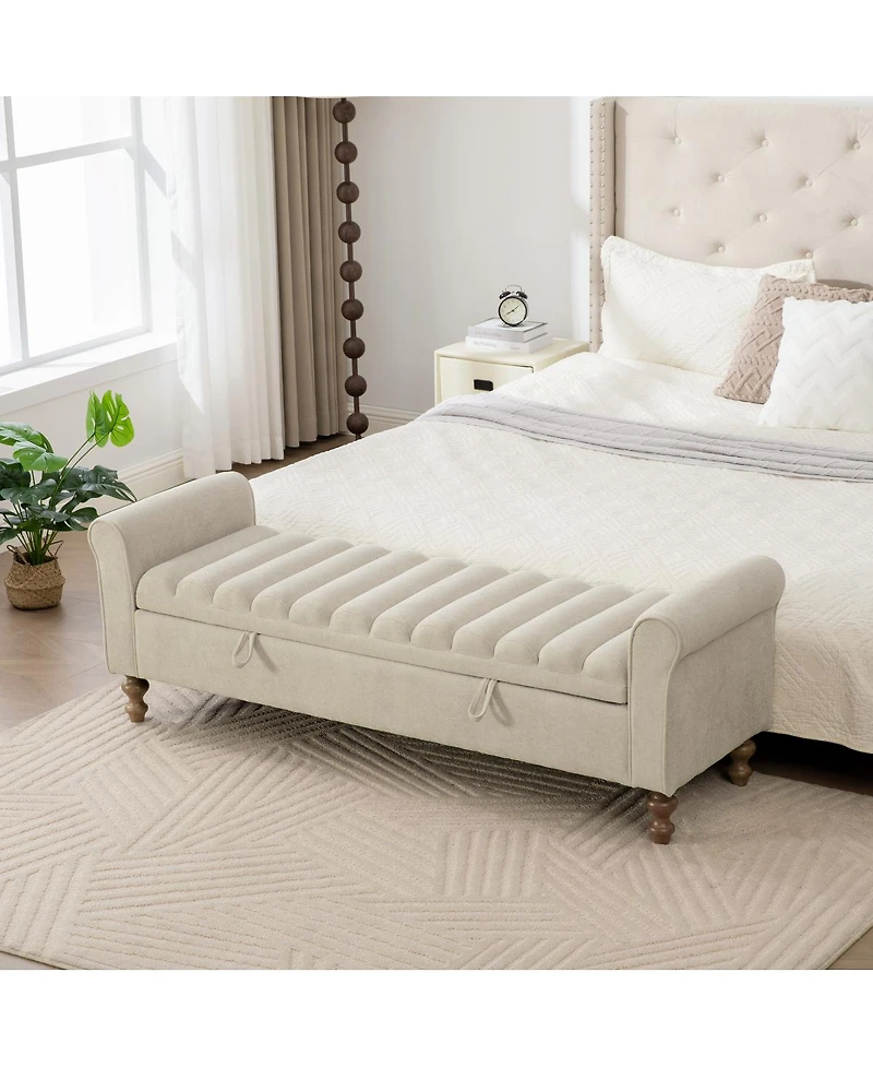 Streamdale Furniture Modern Upholstered Storage Bench with Rolled Arms Greige