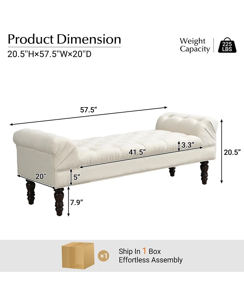 Streamdale Furniture Button-Tufted Upholstered End of Bed Bench with Rolled Arms