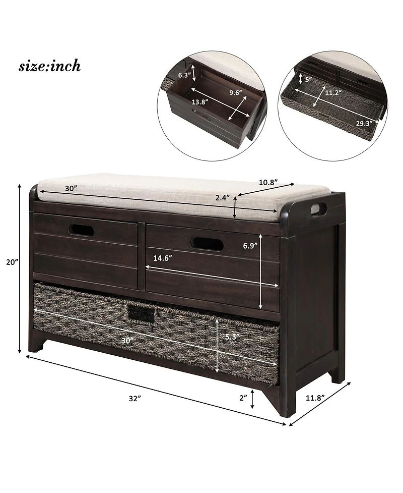 Streamdale Furniture Storage Bench with 2 Drawers Removable Basket and Cushion