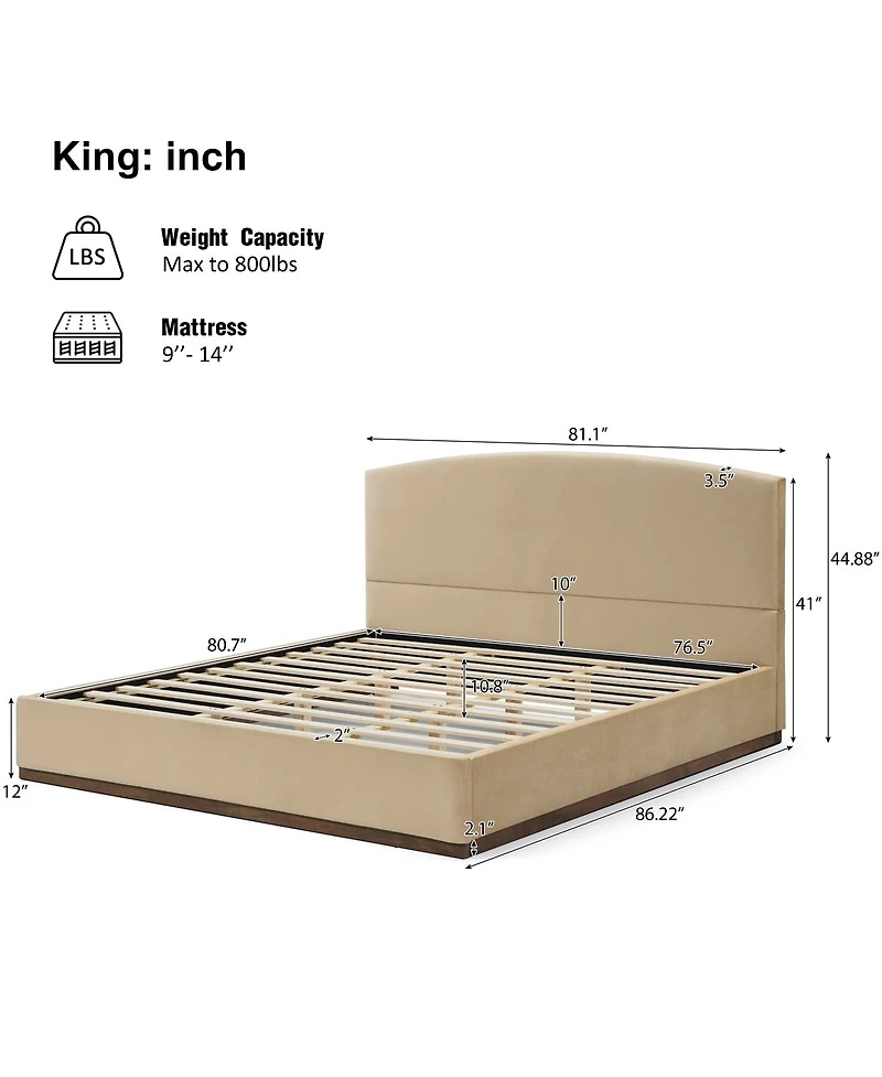 Streamdale Furniture King Size Velvet Upholstered Bed Frame with Thick Headboard Camel