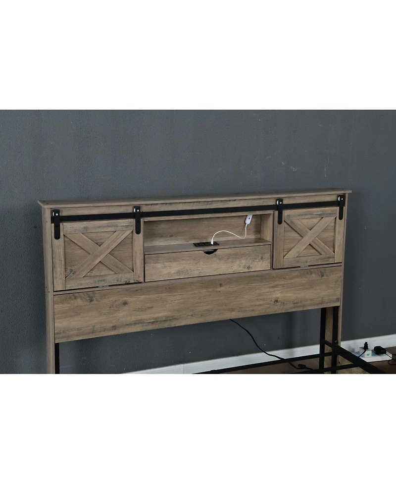 Streamdale Furniture Farmhouse King Bed Frame with Led Lights Charging Station and Storage Drawers
