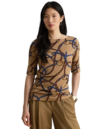 Lauren Ralph Petite Belting-Print Cotton Boatneck Slim-Fit Top