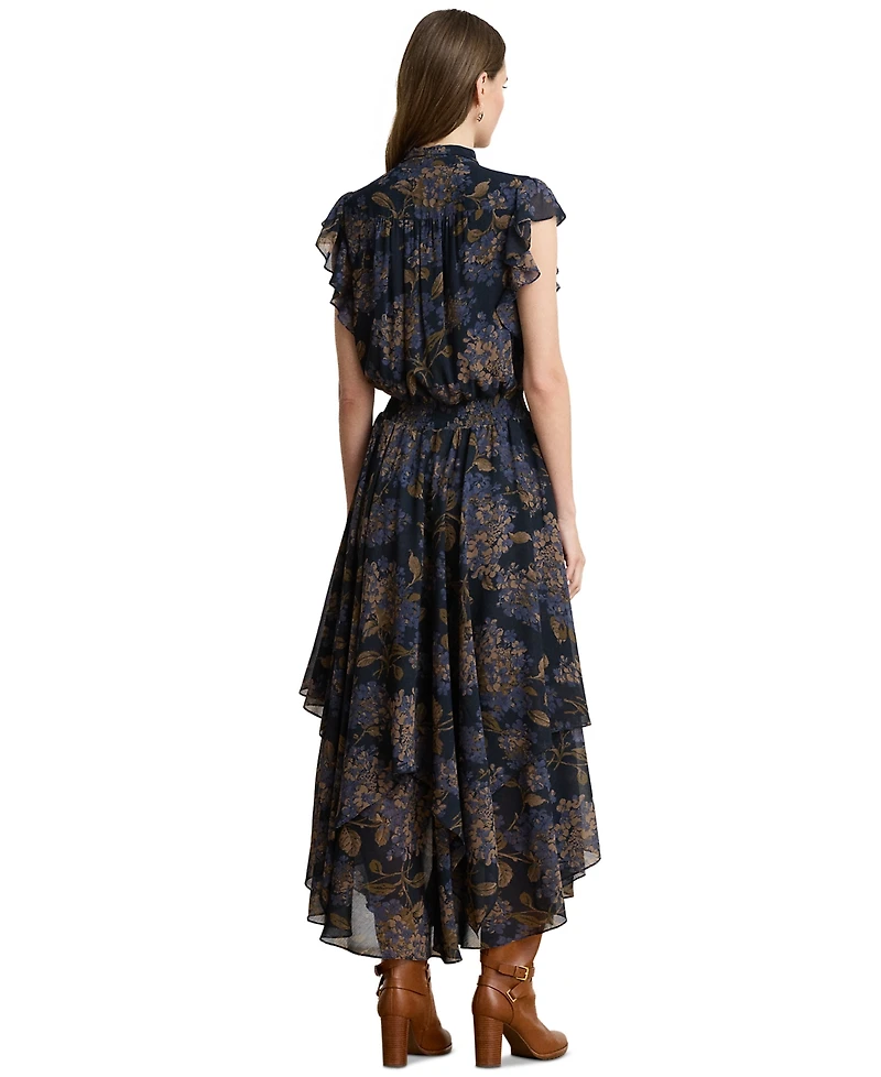 Lauren Ralph Petite Floral Crinkle Georgette Tie-Neck A-Line Dress