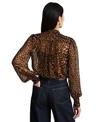 Lauren Ralph Petite Ocelot Print Chiffon Tie-Neck Blouse