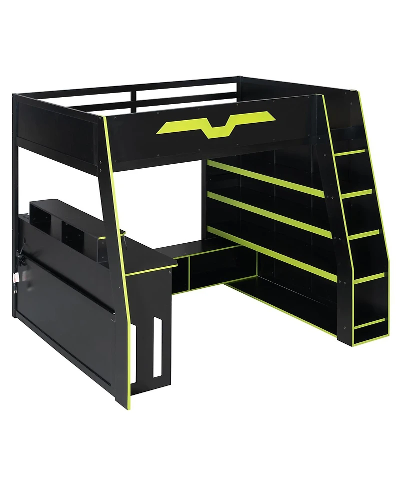 Streamdale Furniture Full Size Wood Loft Bed with Desk Storage Shelves and Rgb Lights