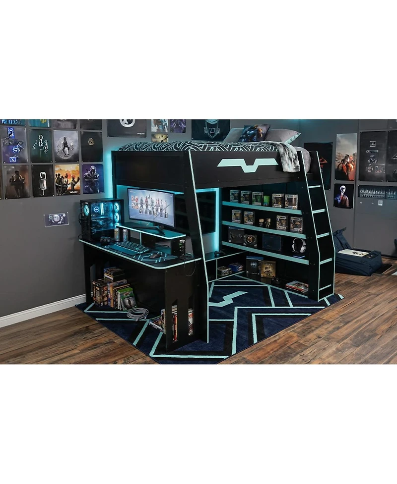 Streamdale Furniture Full Size Wood Loft Bed with Desk Storage Shelves and Rgb Light