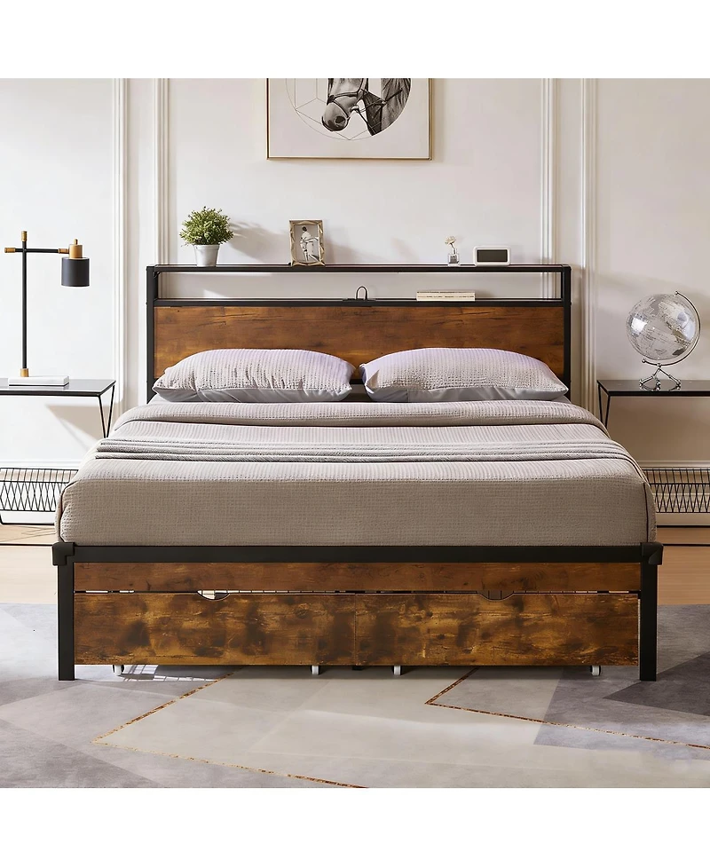 Streamdale Furniture Metal Platform Bed Frame with Wooden Headboard Usb and 2 Drawers