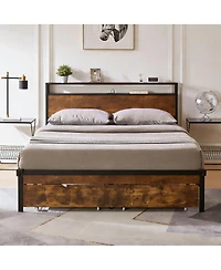 Streamdale Furniture Metal Platform Bed Frame with Wooden Headboard Usb and 2 Drawers
