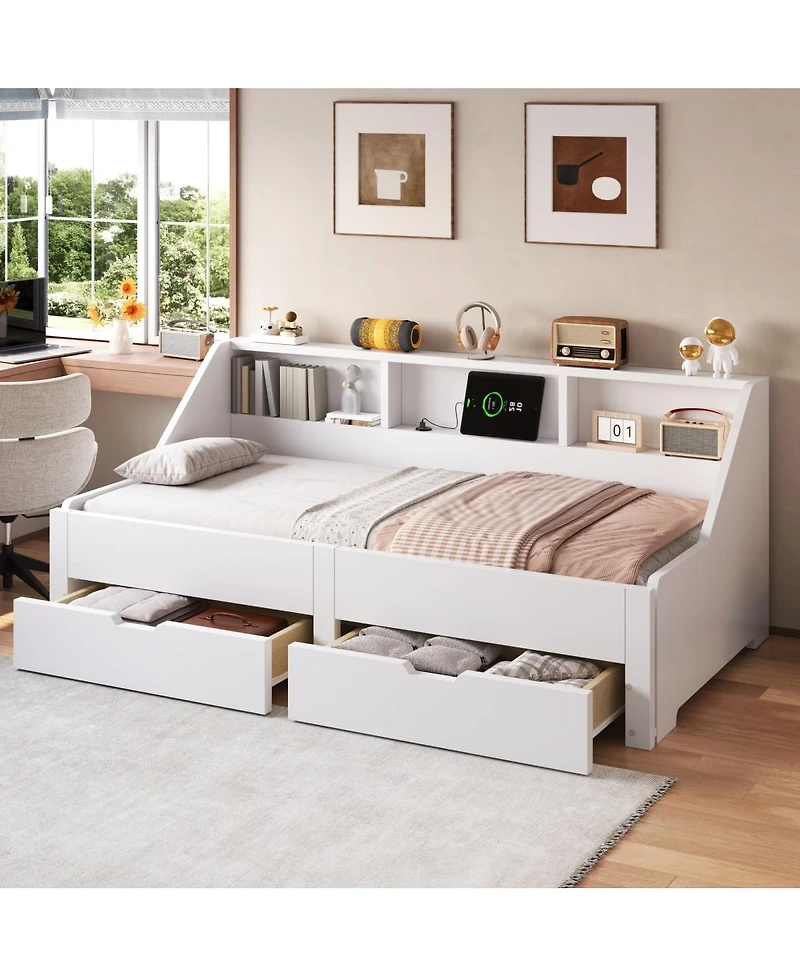 Streamdale Furniture to King Daybed Frame with Storage Bookcases and Charging Station