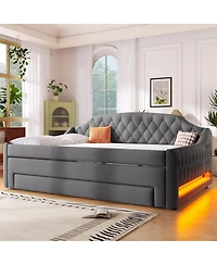 Streamdale Furniture Upholstered Full Size Daybed with Led Belt Trundle and Three Drawers
