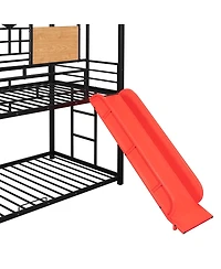 Streamdale Furniture Twin Over Twin Metal House Bunk Bed with Slide and Storage Stairs