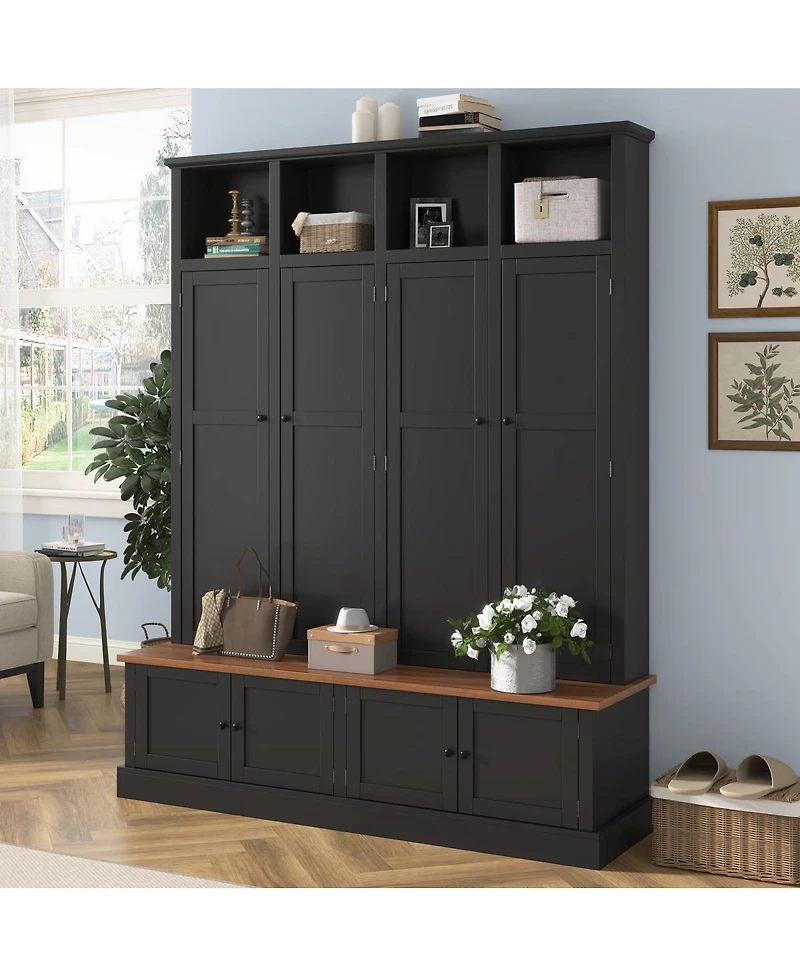 Streamdale Furniture 76.7'' Farmhouse Hall Tree with Bench Coat Rack and Storage Cabinet