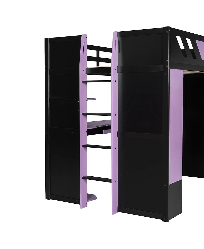 Streamdale Furniture Full Size Wood Loft Bed with Shelves Curtains and Rgb Lights