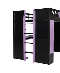 Streamdale Furniture Full Size Wood Loft Bed with Shelves Curtains and Rgb Lights