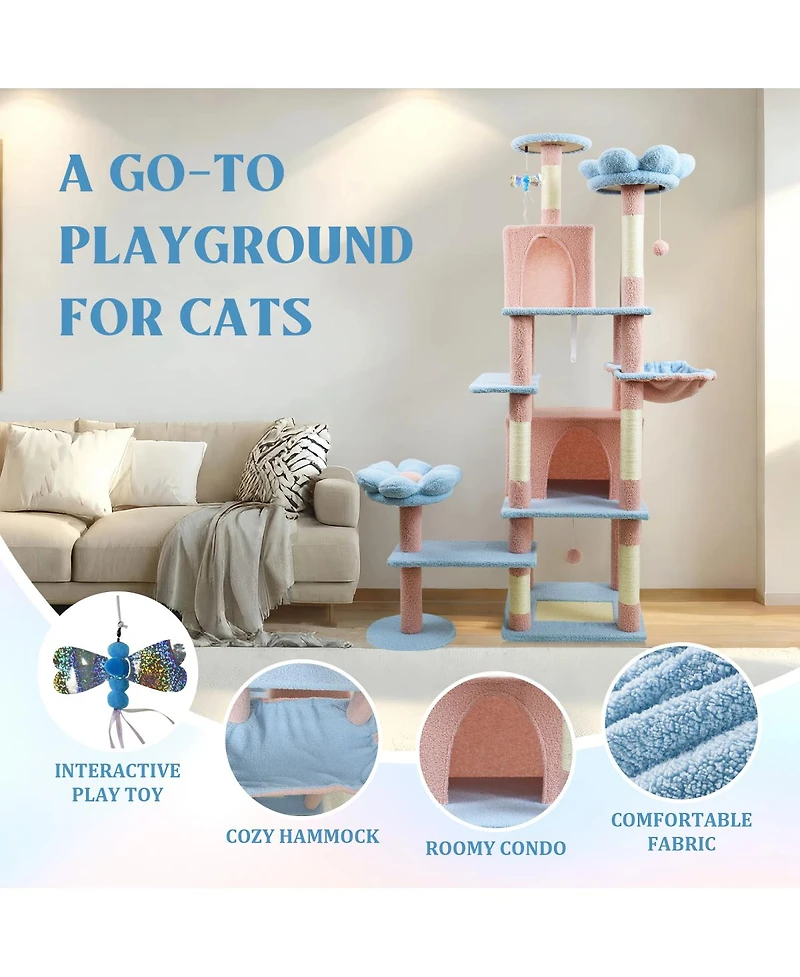 Streamdale Furniture Streamdale 71'' Flower Cat Tree with Large Condo Removable Cushion and Hammock