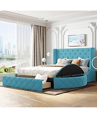 Streamdale Furniture Queen Velvet Upholstered Platform Bed with Storage and Wingback Headboard