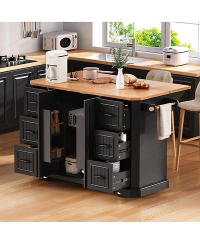 Streamdale Furniture 56'' Kitchen Island with Drop Leaf Power Outlet 6 Drawers and Rolling Wheels