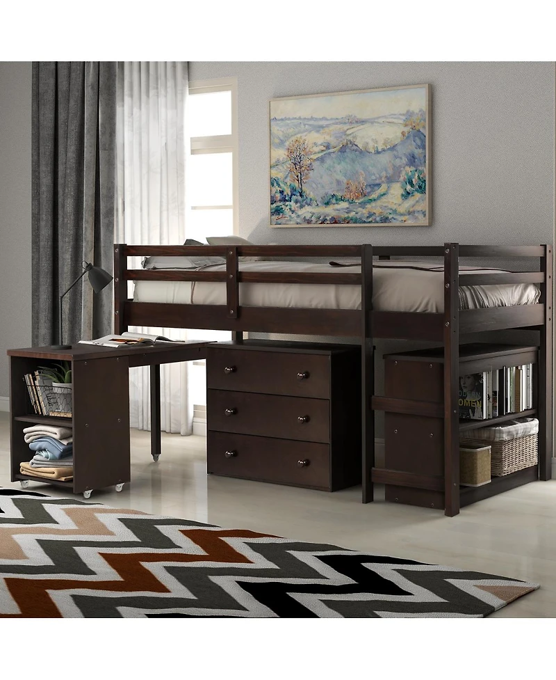 Streamdale Furniture Low Study Twin Loft Bed with Cabinet and Rolling Portable Desk