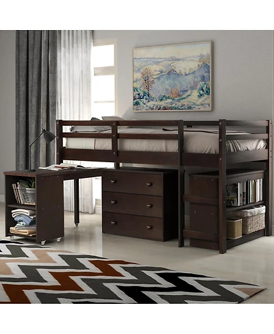 Streamdale Furniture Low Study Twin Loft Bed with Cabinet and Rolling Portable Desk