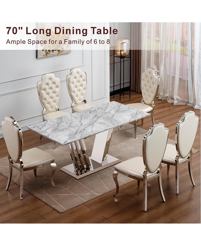 Streamdale Furniture 70'' Rectangular Faux Marble Dining Table with Mirrored Stainless Steel Base