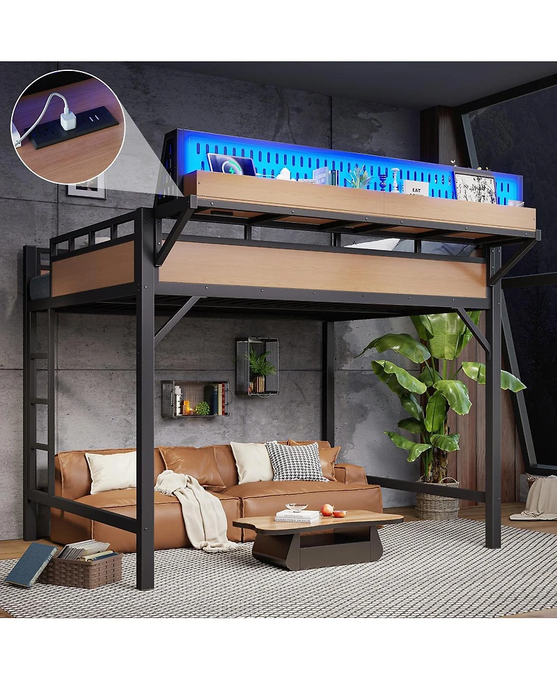 Streamdale Furniture Loft Bed with Storage Pegboard Usb Ports and Led Lights