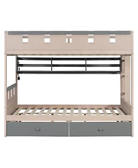 Streamdale Furniture Castle-Style Wooden Loft Bed with Led Lights and Storage Drawers