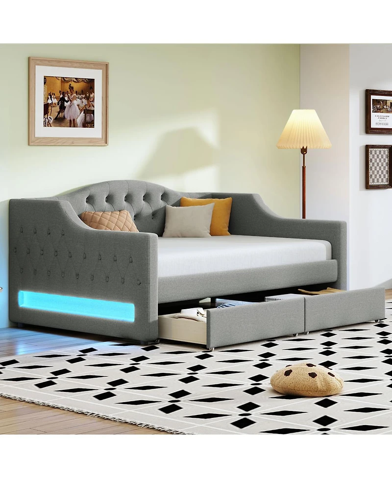 Streamdale Furniture Upholstered Twin Xl Size Daybed with Led Belt and 2 Drawers