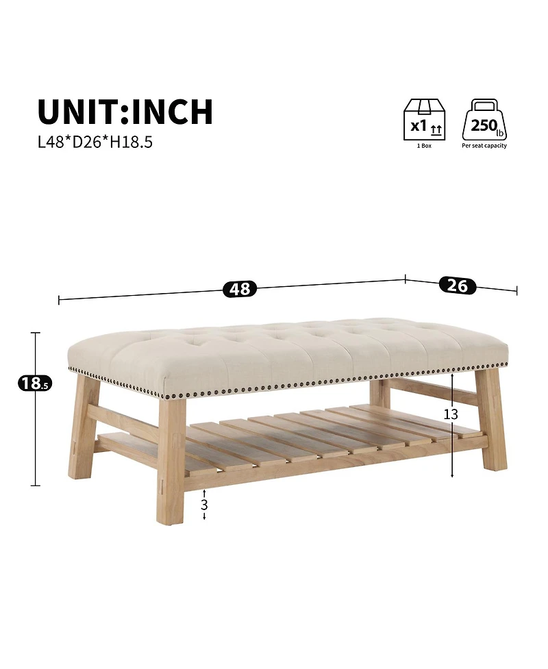Streamdale Furniture 48'' Tufted Rectangle Ottoman Coffee Table with Storage Shelf and Nailhead Trim