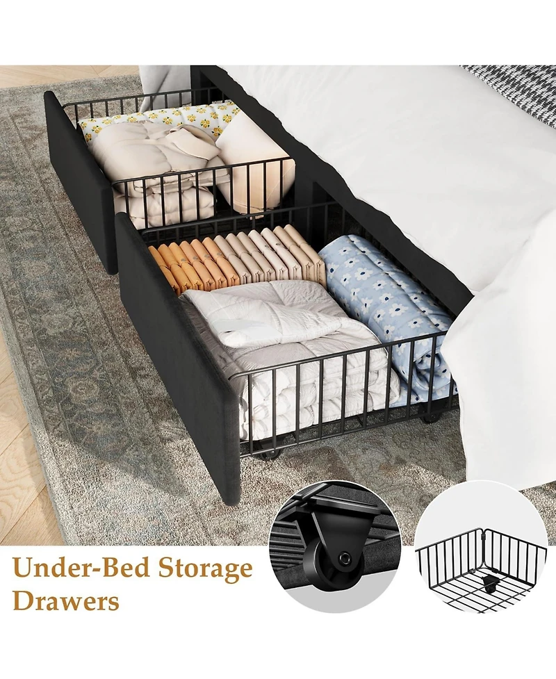 gaomon Bed Frame, Bed Frame Upholstered Platform Bed with Velvet Headboard, Wing Edge Design, 2 Storage Drawers, No Box Spring Needed