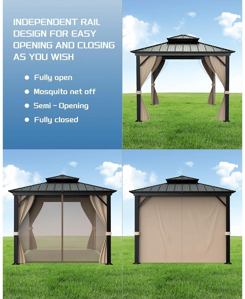 gaomon 10x10 Feet Hardtop Gazebo for All Weather, with Double Metal Roof, Aluminum Alloy Frame, Net, and Curtain, Permanent Building for Patio, Deck