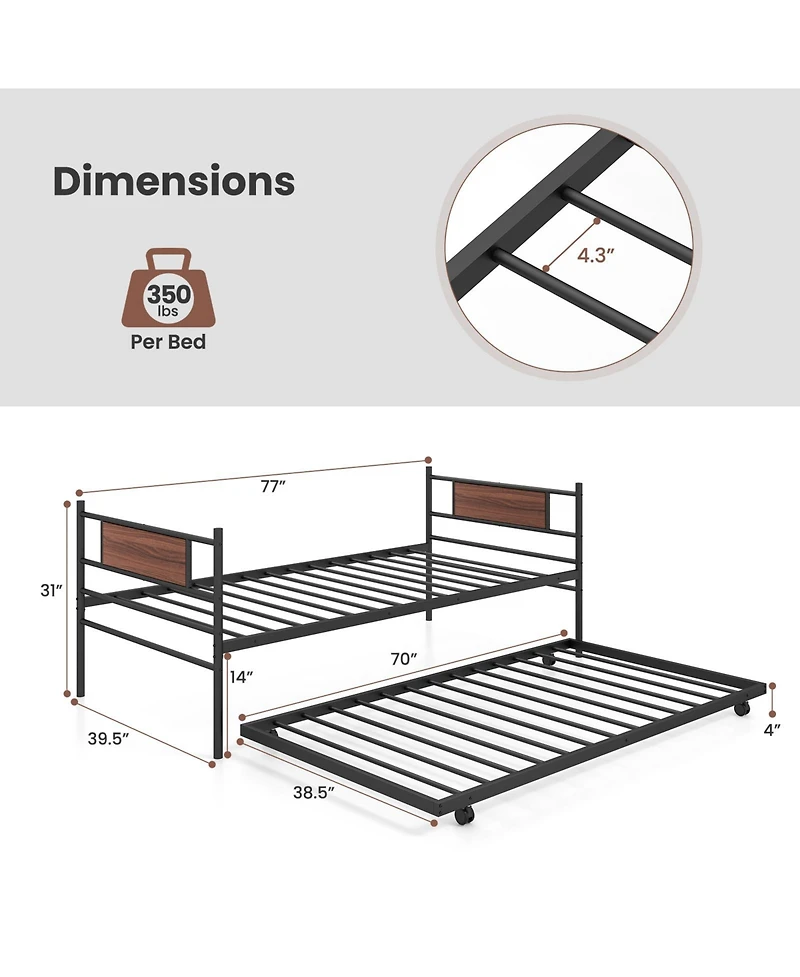 Gouun Twin Size Metal Daybed with Trundle and Wood Grain Headboard