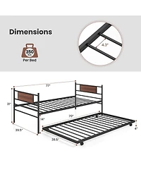 Gouun Twin Size Metal Daybed with Trundle and Wood Grain Headboard