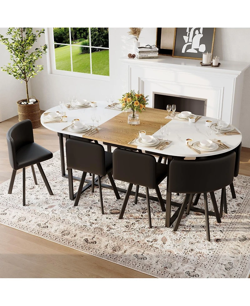 Streamdale Furniture 9-Piece Oval Faux Marble Dining Table Set with 8 Pu Leather Chairs