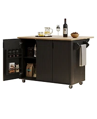Streamdale Furniture 51'' Fluted Farmhouse Kitchen Island with Drop Leaf and Rolling Storage Cart