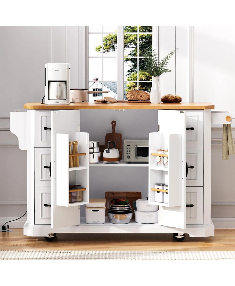 Streamdale Furniture 56'' Rolling Kitchen Island with Drop Leaf Power Outlet and 6 Drawers