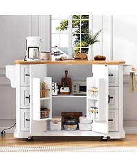 Streamdale Furniture 56'' Rolling Kitchen Island with Drop Leaf Power Outlet and 6 Drawers