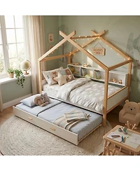 Streamdale Furniture Wooden House Bed with Trundle and Bookshelf Storage