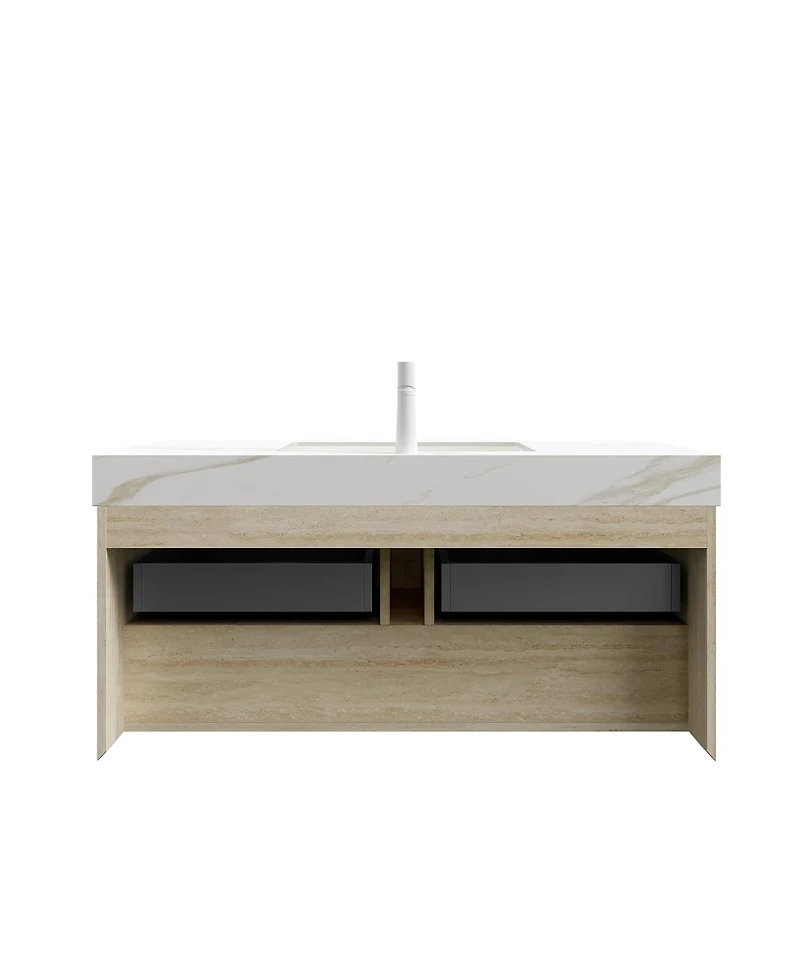 Sillysis 48 Inch Wall Mounted Bathroom Vanity with Sintered Stone Top, Double Soft Close Drawers, Ceramic Sink, Led Shelf for Modern Spaces
