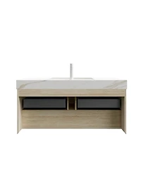 Sillysis 48 Inch Wall Mounted Bathroom Vanity with Sintered Stone Top, Double Soft Close Drawers, Ceramic Sink, Led Shelf for Modern Spaces