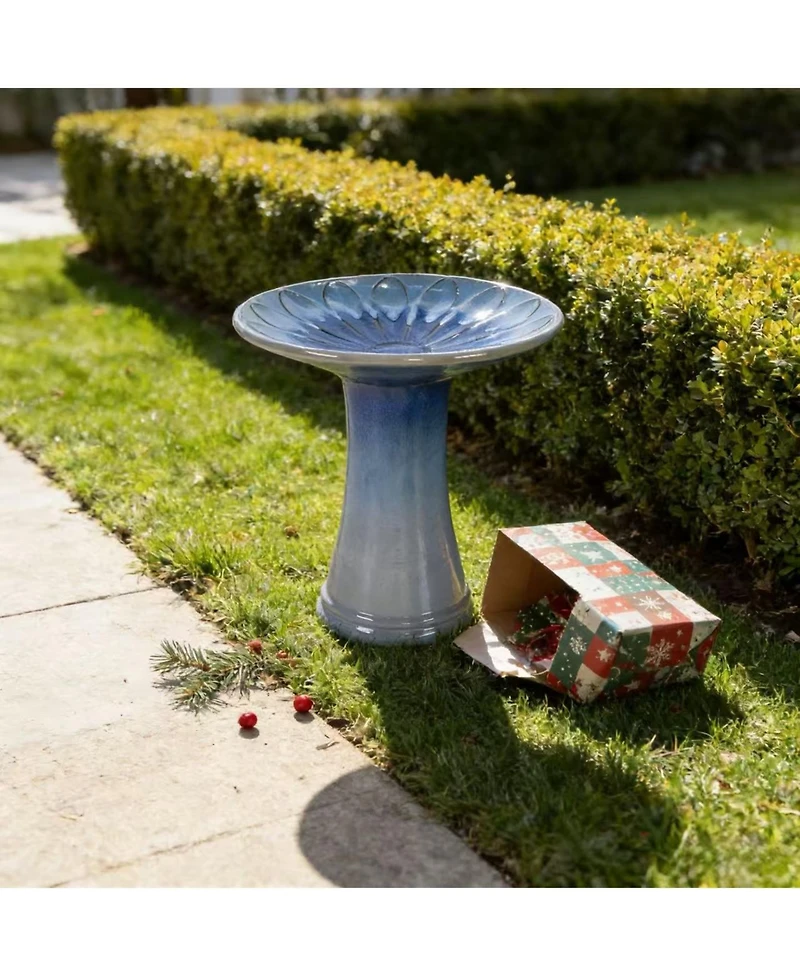 Clihome 17 Inch Ceramic Bird Bath for Outside, Elegant Tall Outdoor Bird Bath for Outdoors with floral Pattern