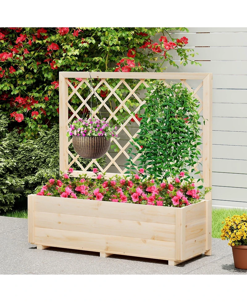 Sugift Raised Garden Bed Wooden Elevated Planter Box with Lattice Trellis