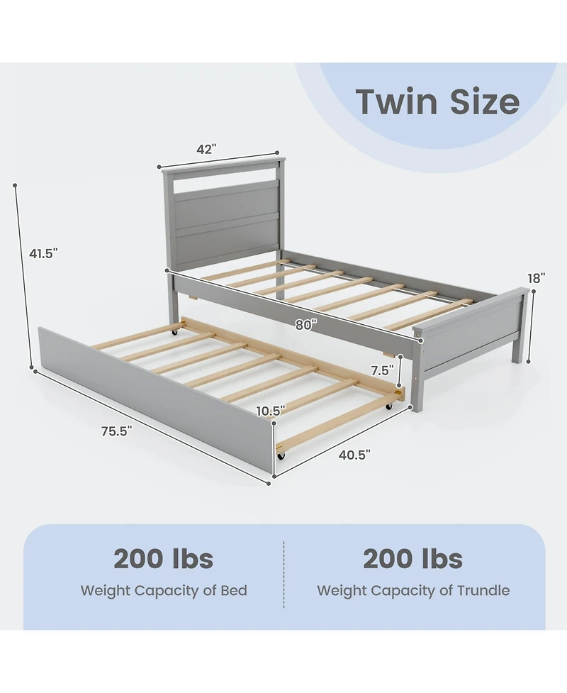 Gouun Twin Wooden Bed Frame with Trundle for Teens and Adults