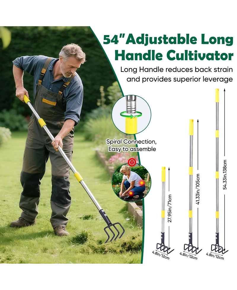 Xdovet Garden Hand Tiller Cultivator 4-Tine Adjustable Long Handle Heavy Duty Weeding Tool Raised Beds soil Loosener Flower Vegetable Gardens