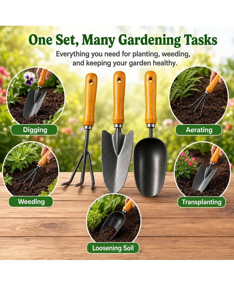 Xdovet 3-in-1 Garden Hand Tools Set Carbon Steel Wooden Handle Trowel Transplanter Cultivator Gifts