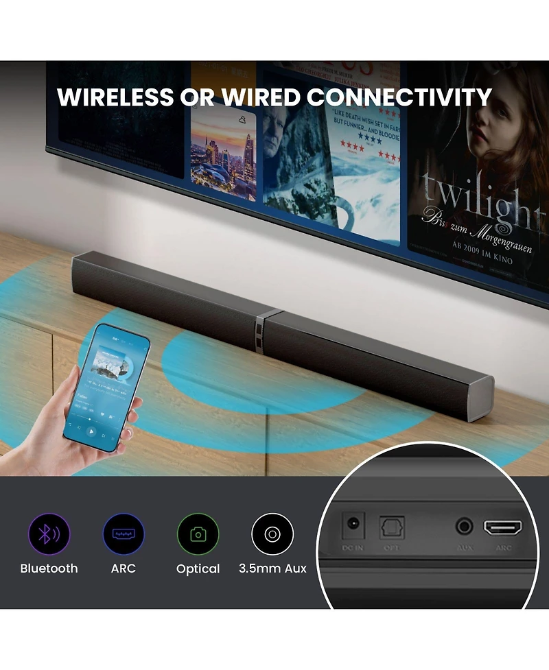 Cowin Bluetooth Soundbar 80W Wireless Tv Soundbar 32inch Split 2 in 1 Detachable Sound Bar for Smart Tv Silver