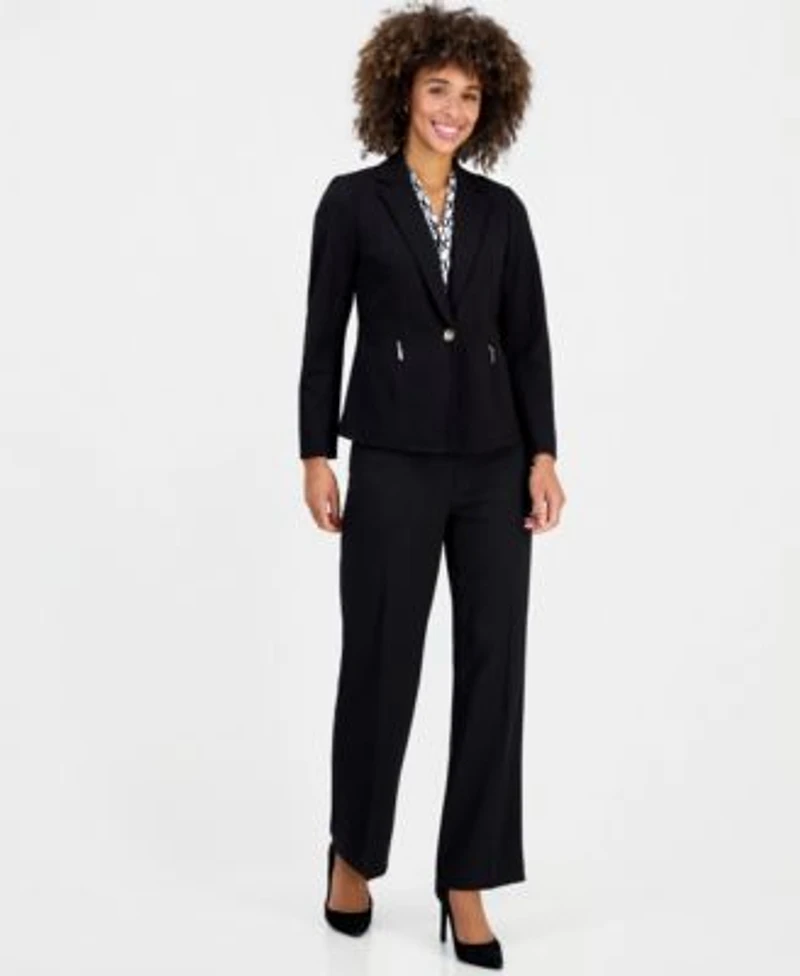 Kasper Womens Notched Collar Jacket Printed Tie Neck Sleeveless Blouse Wide Leg Pants