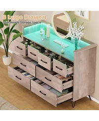 homfan 8-Drawer Dresser with Built-In Charging Station and Led Lights, Sturdy Engineered Wood Storage Organizer Metal Legs, Easy Assembly
