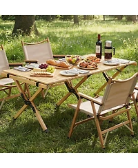 Costway Folding Camping Table, Portable Roll-Up Pine Wood Picnic Table with Carry Bag