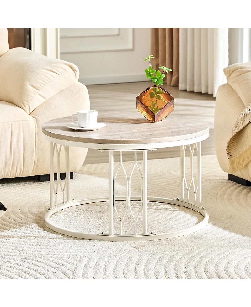 Streamdale Furniture 27.5'' Round Stone-Effect Mdf Coffee Table with Metal Legs
